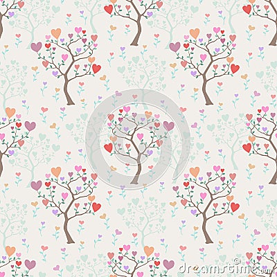 Seamless background with trees and multicolored hearts Vector Illustration