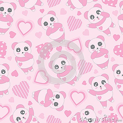 Seamless background of Valentine`s day illustration with cute baby pink panda and love shape on pink background Cartoon Illustration