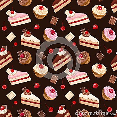 Seamless background with various cakes. Vector illustration. Vector Illustration