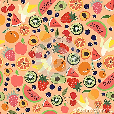 Seamless background with various tropical fruits on orange. Vector fruit pattern. Stock Photo