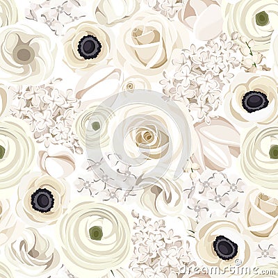 Seamless background with various white flowers. Vector illustration. Vector Illustration