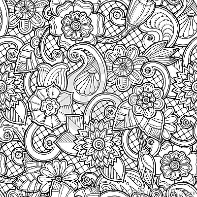 Seamless background in vector with doodles, flowers and paisley. Vector Illustration