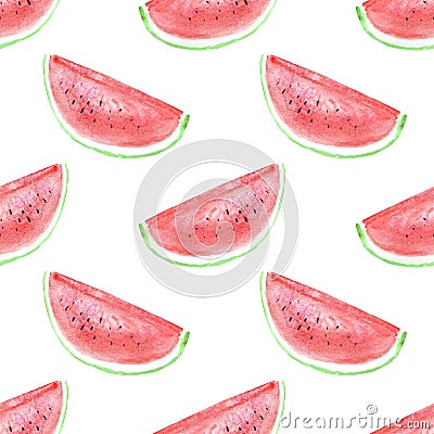 Seamless background with watermelon slices. Bright watercolor sketch of watermelon. Template background and wrapping paper, the Stock Photo