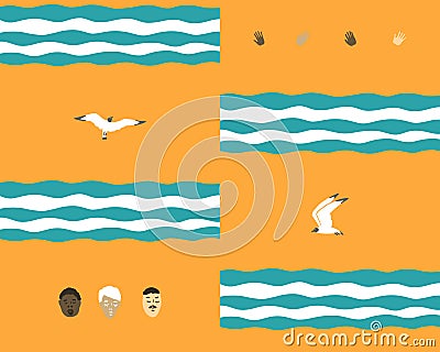 Seamless background with waves and birds and people Vector Illustration