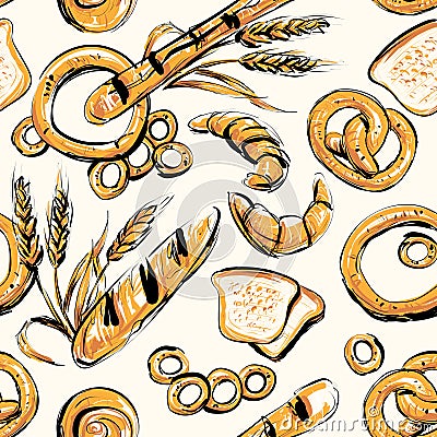 Seamless background on which bread, rolls, pretzels, bagels, wheat spikelets, rye spikelets Vector Illustration