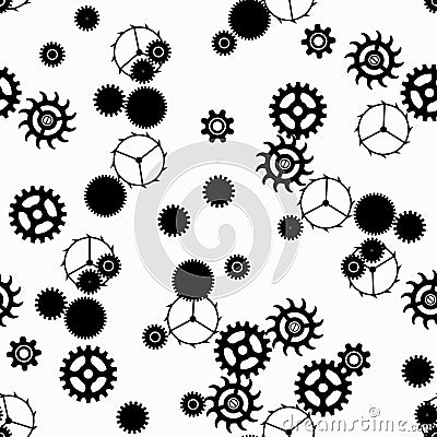 Seamless background with white gear wheels in the cut round hole on black Vector Illustration