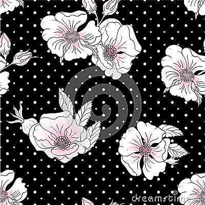 Seamless background with white and pink wild rose flowers on a black background with white polka dots Stock Photo