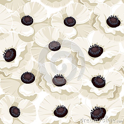 Seamless background with white poppies. Vector Illustration