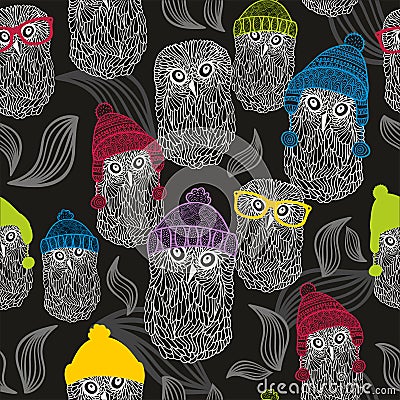 Seamless background with winter owls Vector Illustration
