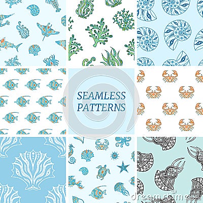 Seamless backgrounds with marine life. Vector illustration. Vector Illustration