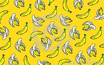 Seamless banana pattern on yellow background Vector Illustration