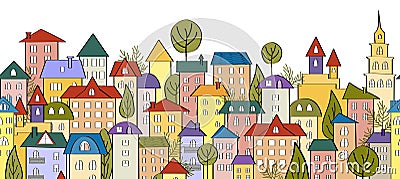 Seamless banner background with rows of colorful cartoon houses Vector Illustration