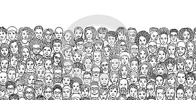 Diverse crowd of people, black and white ink illustration Vector Illustration