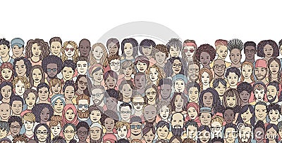 Diverse crowd of people, colourful handmade illustration Vector Illustration