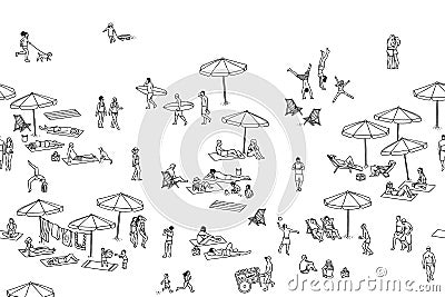 Seamless banner of tiny people at the beach Vector Illustration