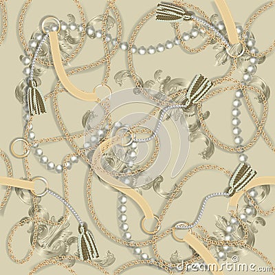 Seamless Baroque print with golden chains, braid, pearls, belts, tassel, baroque elments for fabric design. Vector Illustration