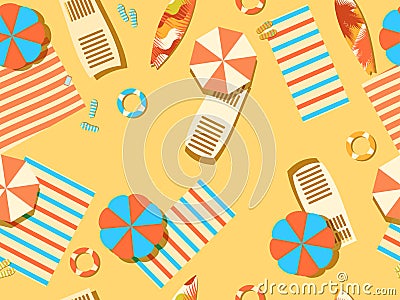 Seamless beach, top view. Chaise lounge with umbrella, surfboard, flip-flops and bedspreads. Beach vacation. Vector Vector Illustration