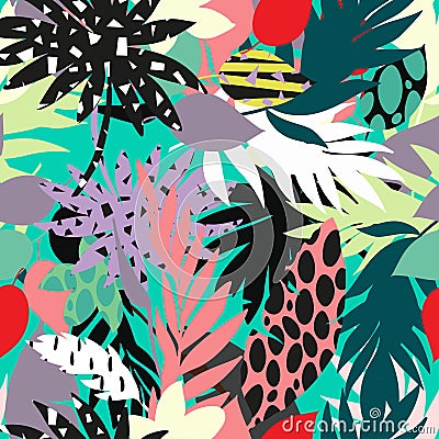 Seamless beautiful artistic bright tropical pattern with banana, Syngonium and Dracaena leaf, summer beach fun Stock Photo