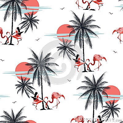 Seamless Beautiful tropical pattern with flamingo Vector Illustration