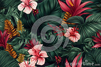 Seamless beauty colorful tropical floral pattern, ai generative illustration Cartoon Illustration