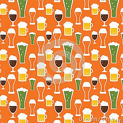 Seamless beer pattern. Beer mugs and glasses on an orange background. st patricks and octoberfest illustration. Vector Vector Illustration