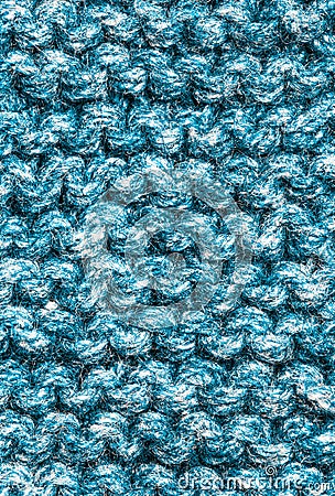 Beige Knitted Background. Blue cyan knitting wool, Netting, Knitwork. Copy space. Hobby concept Stock Photo