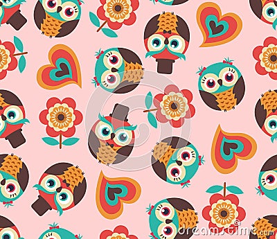 Seamless bird owls pattern Vector Illustration