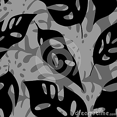 seamless black and gray pattern of tropical leaves contours, texture Stock Photo