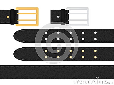 Seamless black leather belt with metallic silver and golden buckle. Isolated vector illustration. Vector Illustration