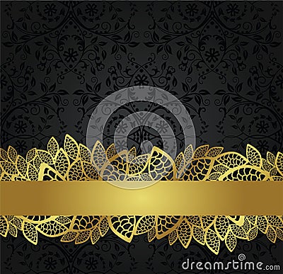 Seamless black wallpaper and golden lace banner Vector Illustration