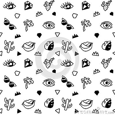 Seamless black and whight pattern with fashion patches. Vector Illustration