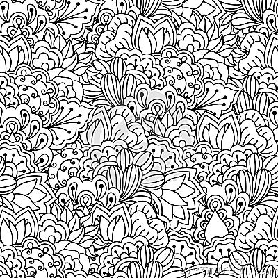 Seamless black and white background. Floral, ethnic, hand drawn elements for design. Vector Illustration