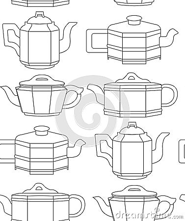 Seamless black and white pattern with contour clay teapots in row. Chinese tea ceremony. Linear drawing of kettles. Vector texture Vector Illustration