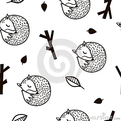 Seamless black and white pattern with fox,branch and leaves.Minimalistic texture in scandinavian style.Vector background. Stock Photo