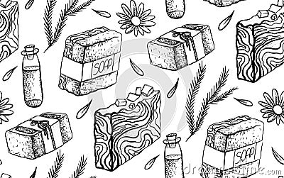 Seamless black and white pattern with hand made soap drawing. Soap making. Wallpaper with soap, juniper, calendula, oil, petal. Vector Illustration