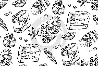 Seamless black and white pattern with hand made soap drawing. Wallpaper with soap, orange, cinnamon sticks, coffee beans, oil Vector Illustration