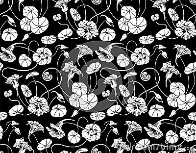 Seamless black and white pattern with nasturtium flowers and leaves Vector Illustration