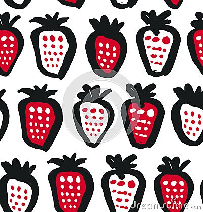Seamless black, white and red contrast background with berries. Vector fabric texture. Decorative drawing pattern. Vector Illustration