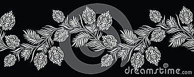 Seamless black and white vintage vector textile floral border with paisley Vector Illustration