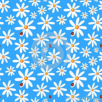 Seamless blue background with camomiles and ladybirds Stock Photo