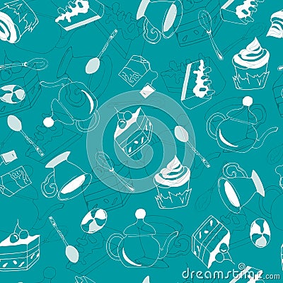 Seamless blue background with white cakes. Vector delicate pattern with contour drawing of sweets for cafes, fabrics, menus and Vector Illustration