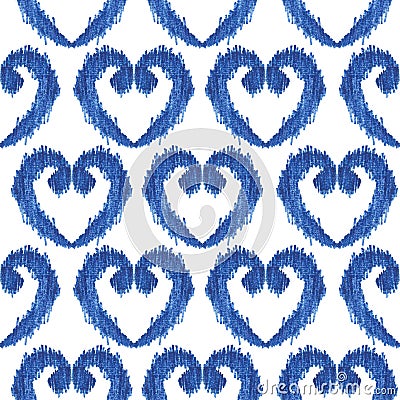 Seamless blue heart shape ikat watercolor pattern on white Cartoon Illustration
