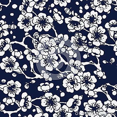 Seamless Blue Japanese Background Cross Plum Blossom Vector Illustration