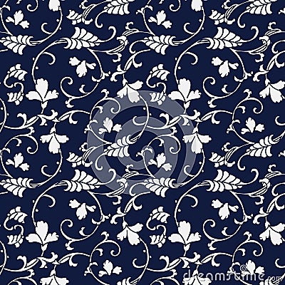 Seamless Blue Japanese Background Curve Spiral Cross Vine Flower Vector Illustration