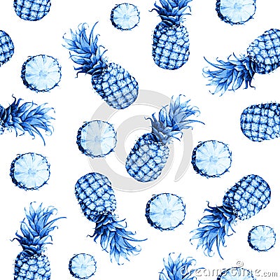The seamless blue monochrome pattern of fresh fruit pineapple. Stock Photo