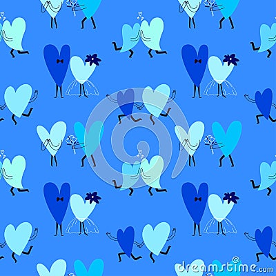 Seamless blue pattern with cartoon hearts. Couples in love of different shades embrace filled with feelings and give gifts. Vector Vector Illustration