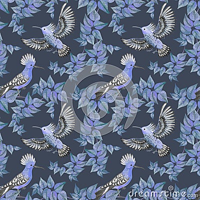 Seamless blue pattern with painted watercolor birds among foliage. Stock Photo