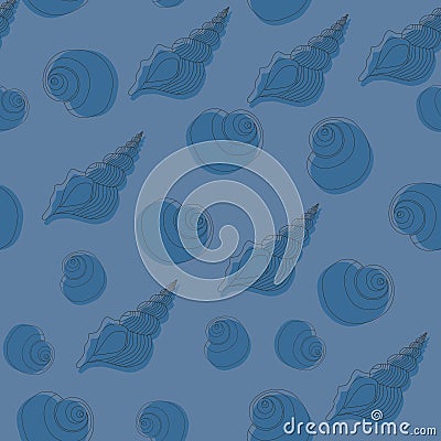 Seamless blue pattern with seashells. Line work. Vector Illustration