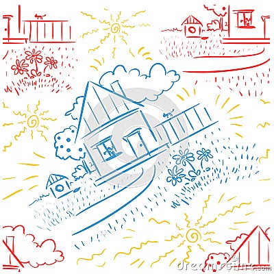 Seamless blue, red, yellow pattern Kids art - house and yard with a dog house and cat on fence Vector Illustration