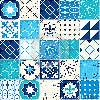 Seamless blue vector tile pattern, Azulejos tiles, Portuguese geometric and floral design - colorful Vector Illustration